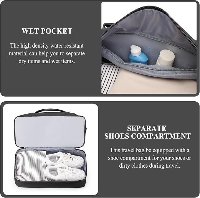 Weekender Bags for Women,Travel Duffle Overnight Bag with Shoe Compartment,Personal Item Carry On Bag,Black,Large,3 Pcs Set