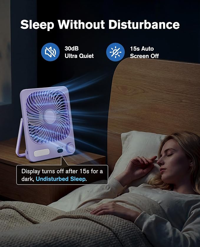 WHATOOK Large Travel Fan Rechargeable - 10000mAh Battery Operated Portable Fan with 100 Speeds & Night Light, Ultra Quiet Personal Desk Fan for Bedroom, Office, Camping & RV Tent (Purple)