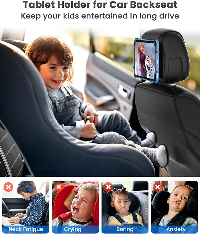 WONNIE Car Tablet Holder, Upgraded iPad Holders for Car Mount Headrest, iPad Mount Back Seat for Kids with Anti-Slip Strap, Silicone Holding Net/Fits All 7-12.9'' Tablets, 2 Pack