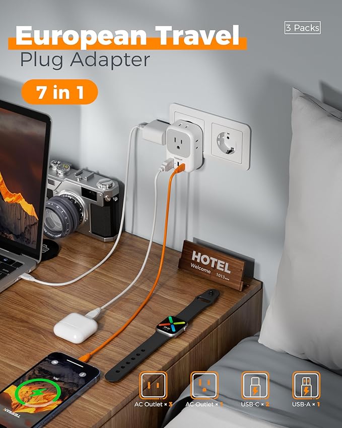 TESSAN European Travel Plug Adapter 3 Pack, PD 20W Type C Power Adaptor with 4 AC Outlets 3 USB Ports (2 USB C), US to Europe Plug Adapter for USA to EU Italy Spain France Iceland Germany