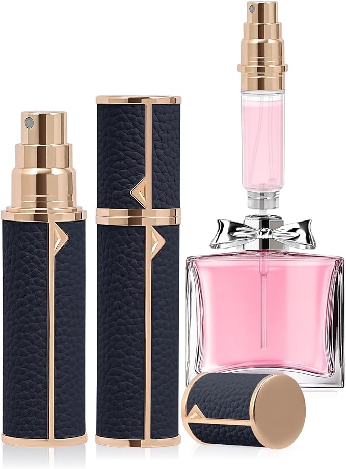 Refillable Travel Perfume Bottle – Fine Mist Atomizer, Bottom Fill, Genuine Leather Shell, TSA Approved, For Daily Refresh & Travel (Dark Blue, 10ml)