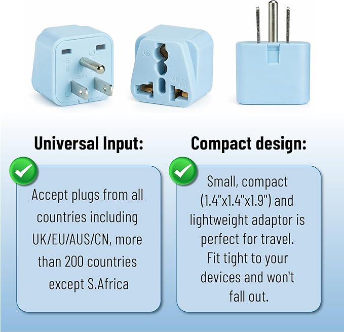 Bates- Universal Travel Plug Adapter, 2 Pack, Pastel Blue, Converts EU/UK/AU/Asia Plugs to USA Outlet, Europe to US Plug Adapter, UK to US Outlet, Compact Design for Home, Office