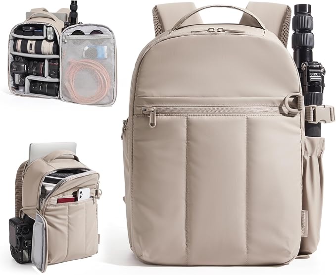 BAGSMART Puffy Camera Backpack, Camera Bags for Photographers, DSLR/SLR Mirrorless Photography Camera Case, Small Water-resistant Travel Backpack for Women with Laptop Compartment, Brown