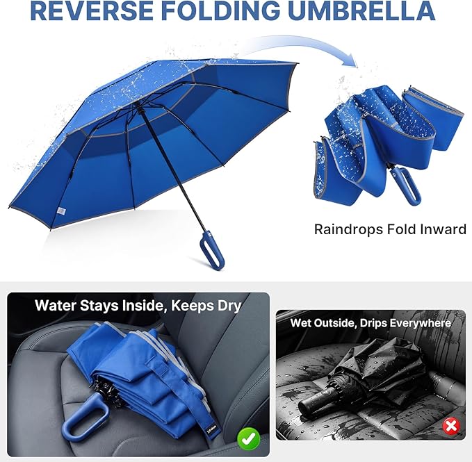 G4Free 46inch Ring Buckle Umbrella, Inverted Design with Carabiner Handle, Compact Travel Umbrella with Reflective Strip, Automatic Windproof for Rain