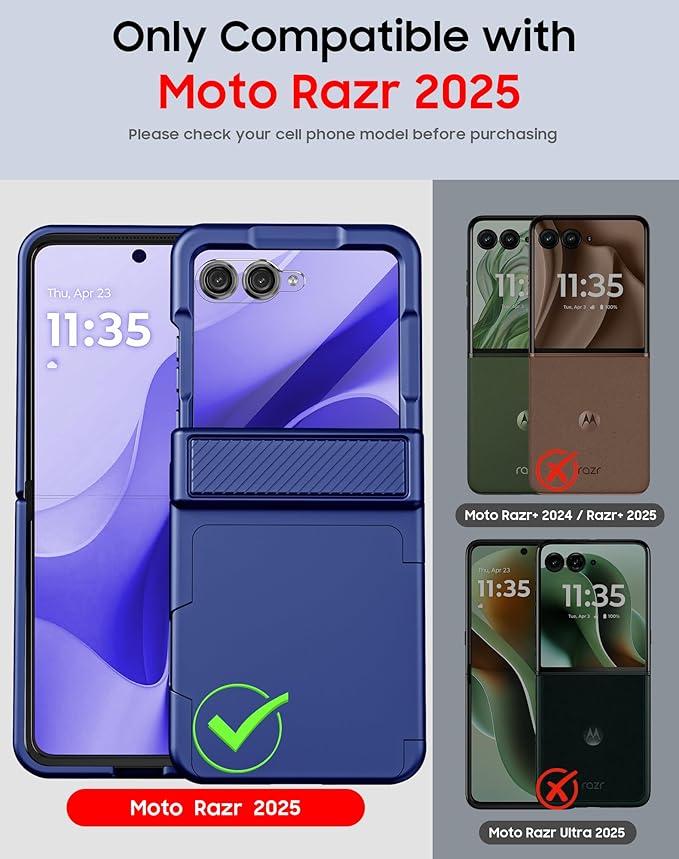 for Motorola Razr 2025 Case/Razr 2024 Case with Card Holder RFID Blocking, Built in Hinge Protection,Screen Protector,Full Body Rugged Shockproof Phone Case for Razr 2025/2024 (Sapphire Blue)