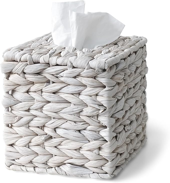 Tissue Box Cover, Square Wicker Tissue Box Holder Facial Tissues Boxes, Hand Woven Napkin Box Tissue Holder for Bathroom Bedroom Office Table Desk Night Stand, Boho Decorative, White