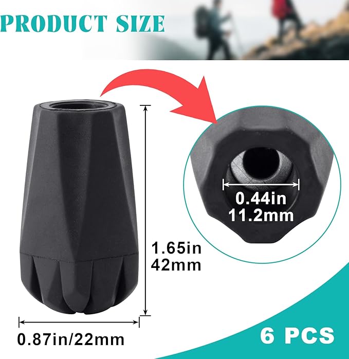 6PCS Walking Stick Tips, Shock Absorption Trekking Pole Tips Replacements, Anti-Slip Wear-Resistant Plastic Tip for Hiking Pole for Seniors or Outdoor Hikers, Mountaineers-Black