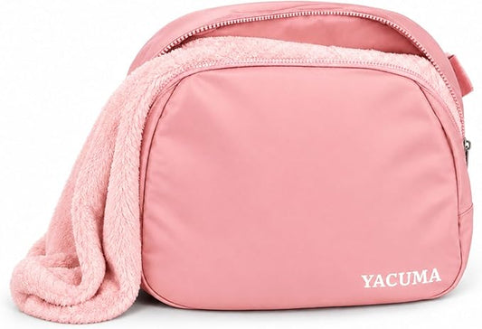Travel Blanket Airplane Compact with Bag, Soft 40" x 60" Blanket with Luggage Strap & Underseat Personal Item Organizer for Flights, Home & Office, Pink