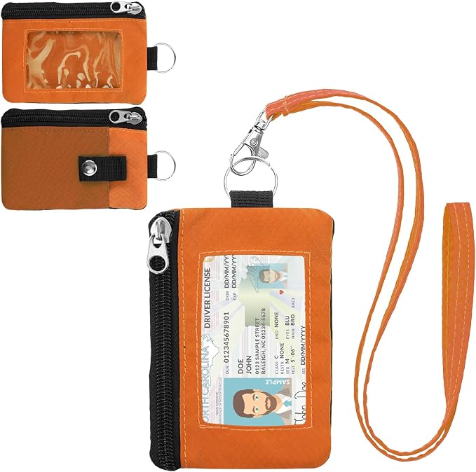 Minimalist Small Wallet for Men Women with 2 Zip Pockets, Multi Functional ID Case with Keychain and Card Holder, Coin Purse Badge Lanyard Pouch for Boys Girls Travel - Orange