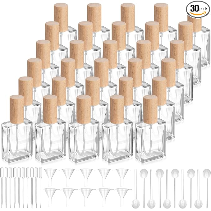 Domensi 30 Pcs 10/15/30/50 ml Glass Perfume Bottles Mini Glass Empty Spray Atomizer Bottles Bulk Refillable Perfume Dispenser Container with Pump Tool for Travel Skin Care (15 ml,Light Woddy Color)