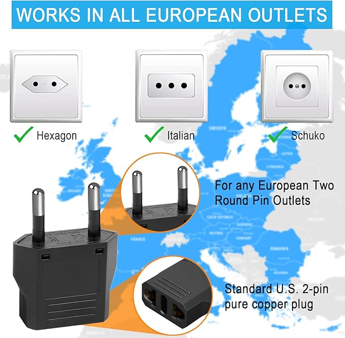 6 Pack US to European Travel Plug Adapter- Type C Travel Adapter Europe, European Outlet Wall Adapter Power Converter (Black)