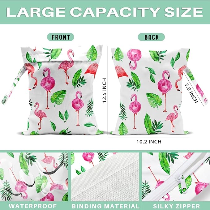 Wet Dry Bag for Swimsuit and Towels for Swimsuit Travel Beach Pool Diapers Dirty Yoga Gym Clothes Hook to Stroller Makeup Bag Waterproof Flamingo Tropical Palm Leaves Decor