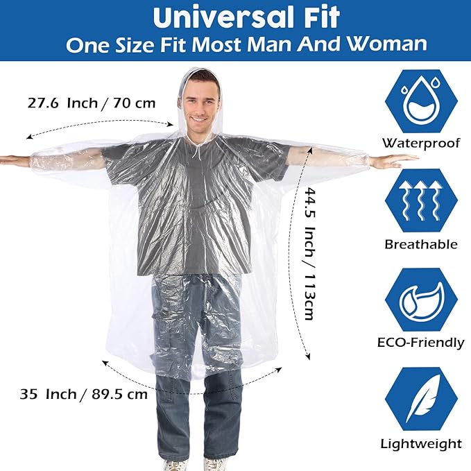 Berlune 50 Pcs Disposable Rain Ponchos for Adults Thick Disposable Ponchos Bulk with Hood Emergency Raincoats for Camping Themed Park, Clear