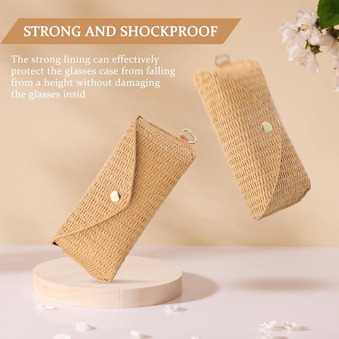 Leinuosen Woven Straw Sunglasses Case with Clip, Hard Shell Boho Rattan Pouch, Portable Travel Beach Accessory for Women Girl