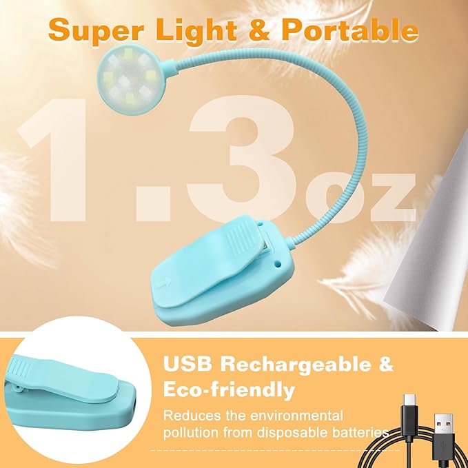 KTEBO Rechargeable Clip-On Book Light, 10-LED Bed Reading Lamp with 3 Color & 3 Brightness, USB-C, Up to 30-Hour Runtime, 360 Degree Gooseneck, Ultralight 1.4oz, Great Stocking Stuffers, Black & Blue