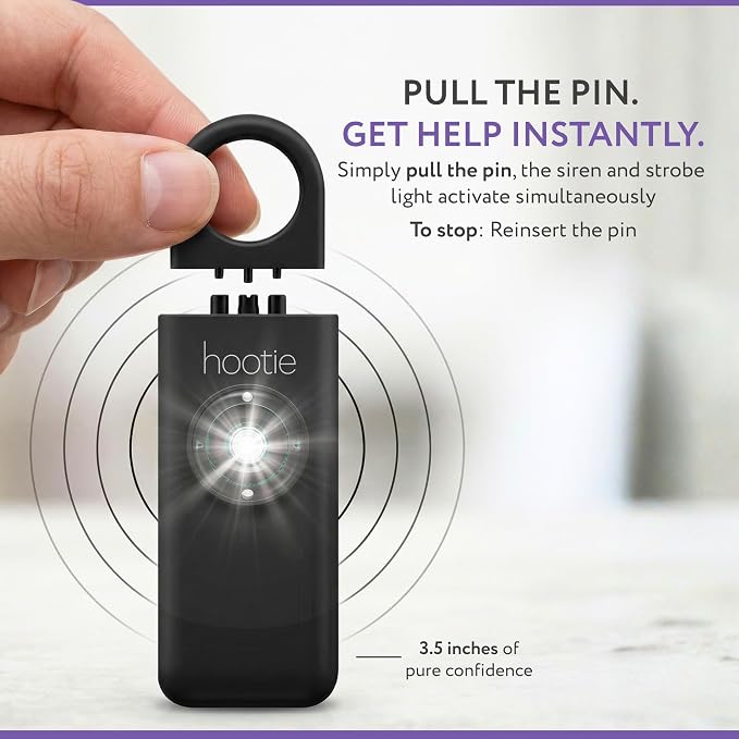 HOOTIE Personal Safety Alarm for Women, Men and Kids — 130dB Personal Alarm Keychain, Pull Pin Safety Alarm Keychain with Strobe Light, Self-Defense Alarm for Campus, Travel and Running — Black