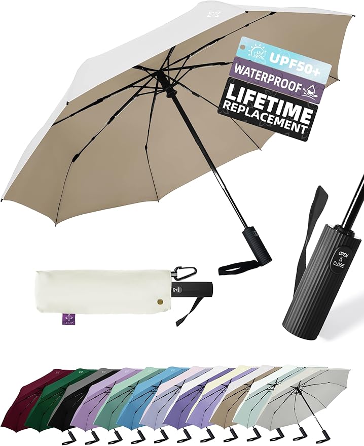 Windproof Travel Umbrella for Rain - 43" Compact Folding Umbrella, Reinforced Strong Frame, Lightweight Portable Parasol with UPF 100+ UV Sun Protection, Cruise Ship Essentials