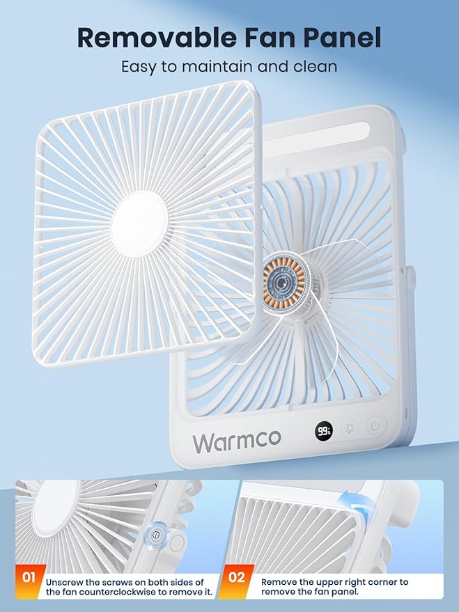 Warmco 20000mAh Battery Powered Fan, Ultra-Slim 8-Inch Portable Camping Fan with LED Lantern, Up to 48H Runtime Rechargeable Desk Fan for Bedroom, Outdoor, Tent, Travel, Cruise Ship Essentials