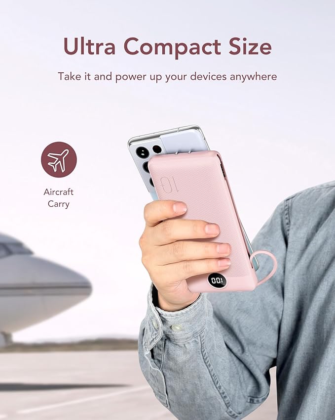 VEGER Portable Charger with Built-in AC Plug and Cables, All in One 10000mAh Ultra Slim Power Bank Travel Essentials, Fast Charging Battery Pack Compatible with iPhone, Samsung, Android, Crepe