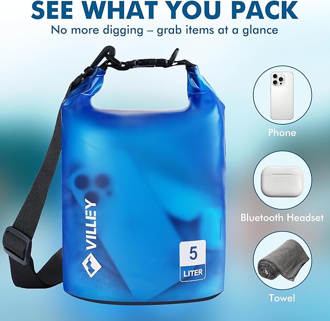 VILLEY Dry Bag Waterproof 5L Roll Top Storage Backpack, Keeps Gear Dry Lightweight Backpack for Kayaking Boating Camping Swimming and Beach Accessories Blue Transparent