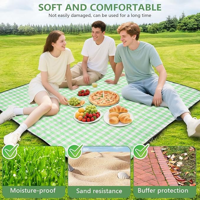 OBTANIM Extra Large Picnic Blanket 60 x 80 Inch Waterproof Foldable Beach Blankets Outdoor Picnic Mat for Camping Grass Lawn Park Music Festival Party Accessories (Green and White)