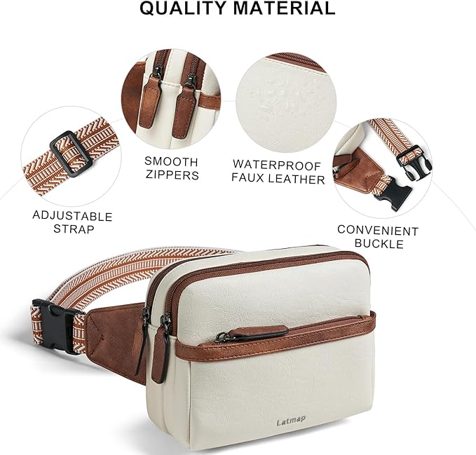 LATMAP 3L Fanny Packs Belt Bag for Women Small Everywhere Crossbody Bag Waist Packs Faux Leather Sling Chest Travel Purse
