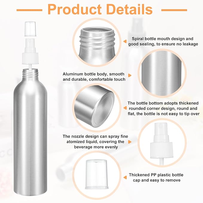 HARFINGTON 3pcs Aluminum Fine Mist Spray Bottles 250ml/8.5oz Metal Small Liquid Alcohol Refillable Travel Container with White Plastic Nozzle Cap for Perfume Skincare Cosmetic Storage Bottle