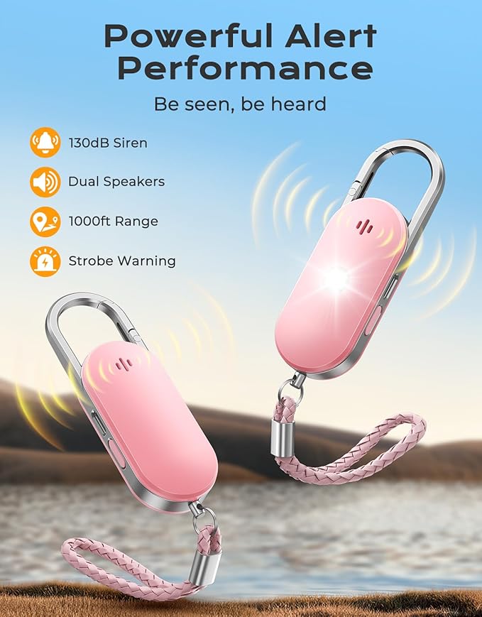 ISEYOU Personal Safety Alarm, 130dB Double Speakers Personal Alarms for Women, Strobe Light and Low Battery Notice, Rechargeable Self Defense Keychain for Seniors College Girls Gift