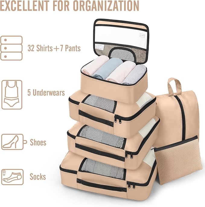 Veken 8 Set Packing Cubes for Travel Essentials,Anti-Wrinkle Buckled Suitcase Organizer for Shoe & Toiletry Bag,Carry On Luggage Bag for Airplane & College Dorm Room Accessories,Women Men Gifts