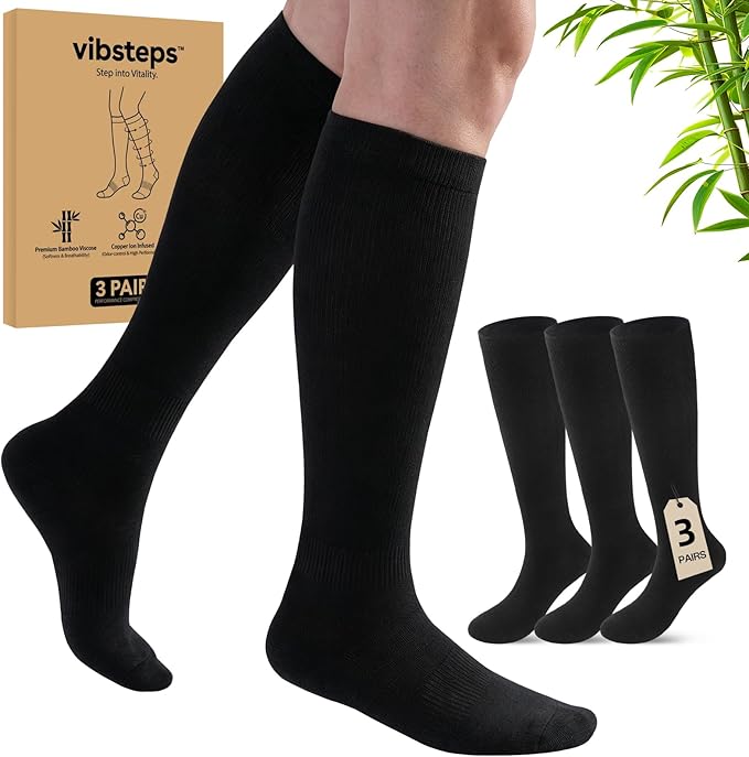 3 Pairs Bamboo Viscose & Copper Compression Socks for Men Women, Soft Knee High Support for Running, Travel & Work