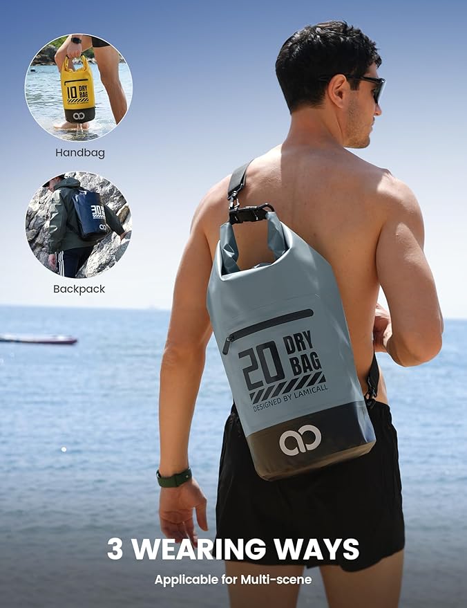 Lamicall Waterproof Dry Bag with Phone Pouch, Floating Roll Top Backpack, 10L, Grey