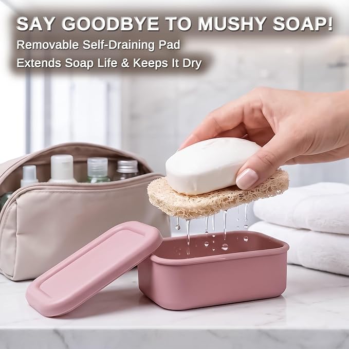Leak Proof Silicone Travel Soap Case with Draining Tray - Bar Soap Holder for Travel, Gym & Camping - Mess-Free Portable Soap Container for Carry-on Bags (Light Pink)