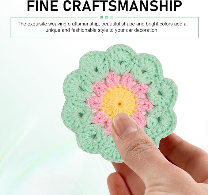 2 PCS Car Flower Coasters, Handmade Crochet Cotton Floral Insert Pad, Non-Slip Absorbent Insulated Placemat, Universal Boho Cute Decor Interior Accessory for Women Girls (Green)
