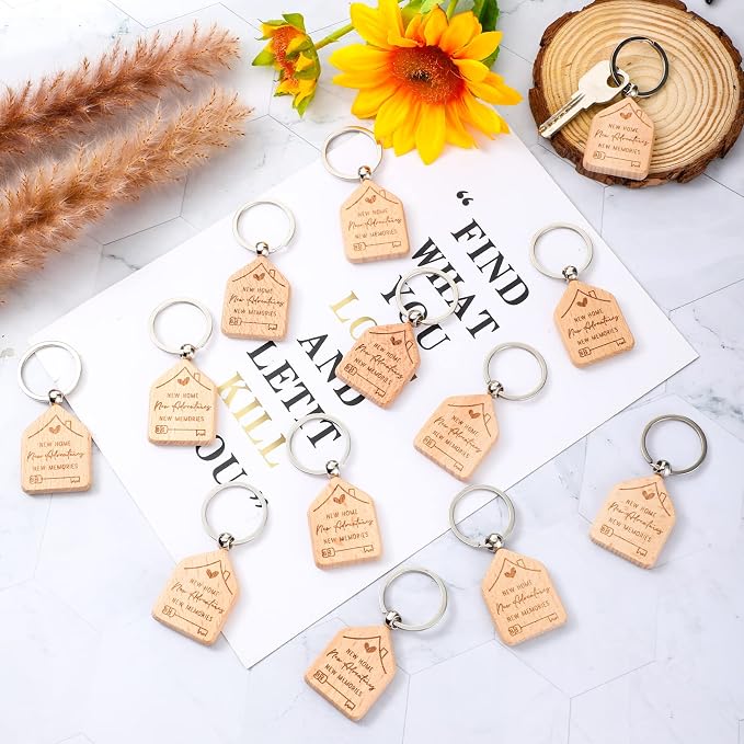 Inbagi 100 Pieces Home Keychain Bulk House Design Keychain Small House Shaped Keychains 2026 Welcome Home Keychains Gifts Homeowner Engraved Wooden Key Tag for Family Client Buyer Customer