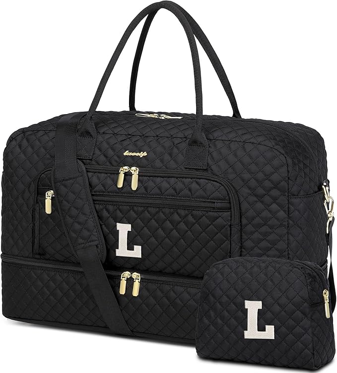 Initial Travel Duffle Bag for Women - Black Personalized Weekender bags Overnight Bag with Shoe Compartment & Wet Pocket Weekend Tote Bags with Toiletry Bag Monogram Christmas Gift (Letter L)
