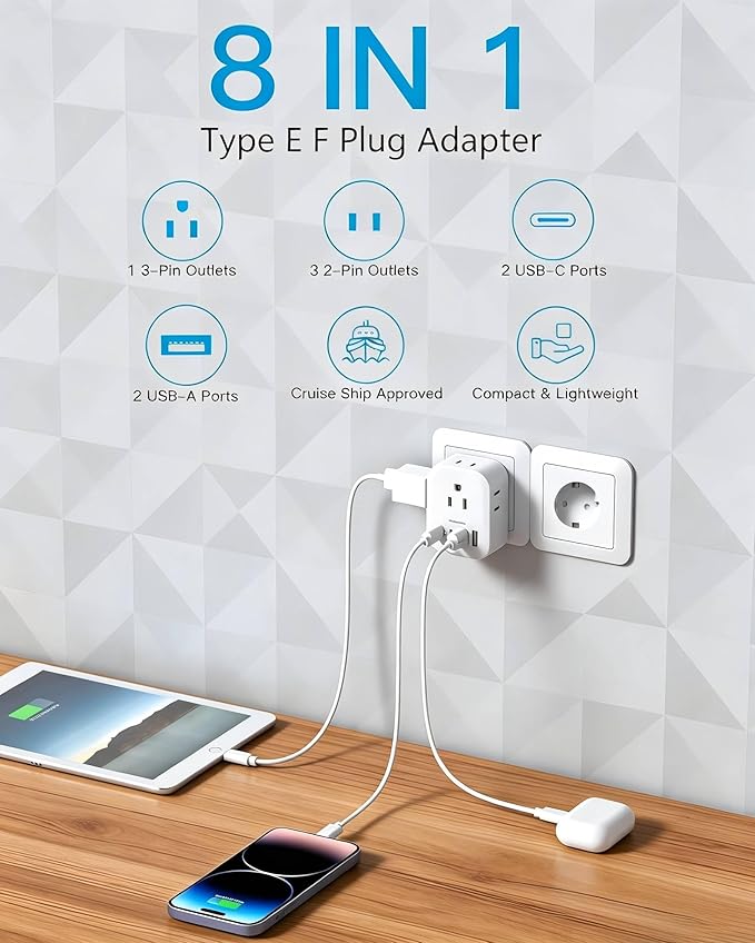 Type E F Plug Adapter 2 Pack, HANYCONY Germany France Spain South Korea Power Adapter Travel Power Adapter with 4 Outlets 4 USB Ports(2 USB C) for US to Europe EU Spain Iceland Greece German