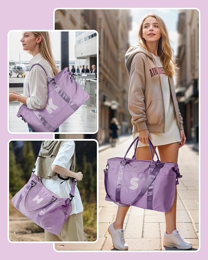 Initial Travel Duffel Bag, Sports Gym Bag, Personalized Weekender Bag with Shoulder Strap, Graduation Gift Monogram Overnight Bag for Women with Trolley Sleeve & Wet Pocket, Purple
