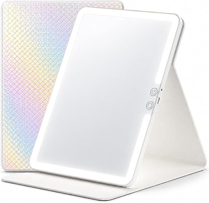 Travel Makeup Mirror with Lights, Portable Lighted Vanity Mirror with 100 LED, Rechargeable, Foldable for Tabletop, 11.9 inches, Rainbow