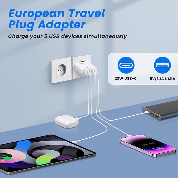 European USB C Charger 6.6A 2 Pack, LiFiYiRc PD 20W & QC 3.0 Fast Charging Multi Ports, 2 USB C 3 USB A Europe Plug Adapter Compatible for iPhone 17 16 15 14 13 12 11 Pro Max XS XR X Plus, Samsung