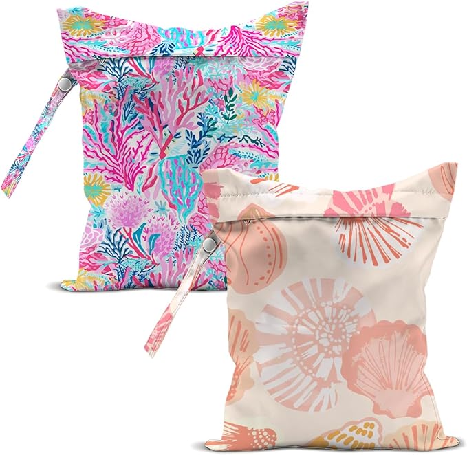 2 Pcs Ocean Coral Print Wet Bags, Ocean Life Wet Dry Bag Reusable Zipper Pouch for Swimsuit, Diapers, Pool, Beach, Travel, Dirty Yoga Gym Clothes, Toiletries, Waterproof Birthday Beach Gifts