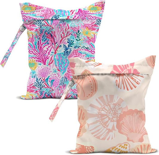 2 Pcs Ocean Coral Print Wet Bags, Ocean Life Wet Dry Bag Reusable Zipper Pouch for Swimsuit, Diapers, Pool, Beach, Travel, Dirty Yoga Gym Clothes, Toiletries, Waterproof Birthday Beach Gifts