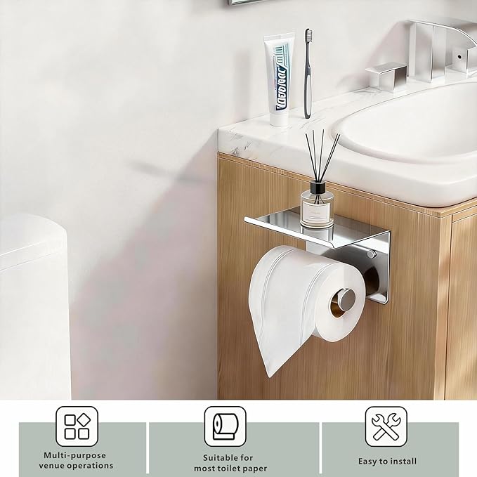 Toilet Paper Holder with Shelf, Heavy-Duty Stainless Steel Bathroom Hardware, Self-Adhesive No-Drill/Drill-Mount Wall-Mounted Roll Holder, Rust-Proof Bathroom Tissue Rack (Chrome)