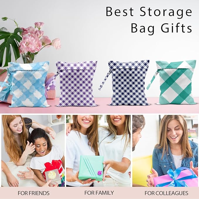 Wet Bag, 4Pcs Wet Dry Bag Set, Reusable Waterproof Bags with Color-Block Plaid for Women, Practical for Beach Outings, Pool Time & Daily Storage