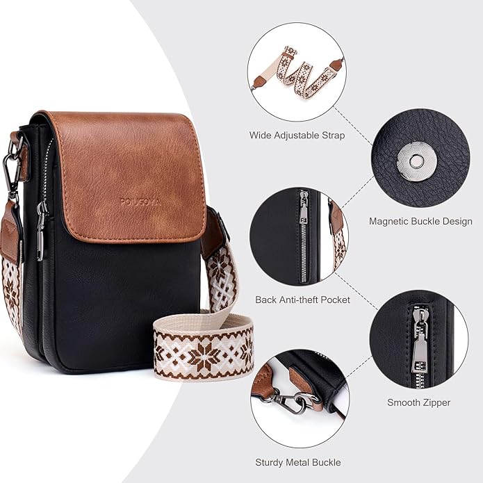 POIUGOYA Crossbody Bags for Women,Small Crossbody Purse with Triple Compartments,Cell Phone Wallet with Card Slots for Travel | Small