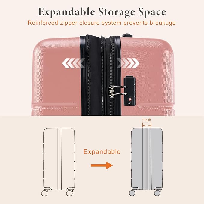 Sweetcrispy 3 Piece Expandable Luggage Set, ABS Hard Shell Rolling Suitcases with Smooth Spinner Wheels and TSA Lock, Lightweight Travel Luggage for Trip, 20/24/28 Inch, Pale Pink