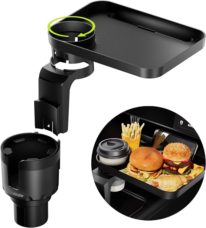 SodaRide Car Cup Holder Tray -Expander- 3 in 1 Detachable Food Table Tray with Solid Base - Road Trip Essentials Accessories Gadgets - Fits Yeti, Hydro Flask 32/40 oz