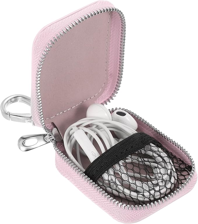 HARFINGTON Earbuds Cases, Earphone Case Holder, PU Leather Ear Buds Case Zipper Organizer Small with Mesh Pocket for USB Cable, Wireless Wired Earphones, Pink