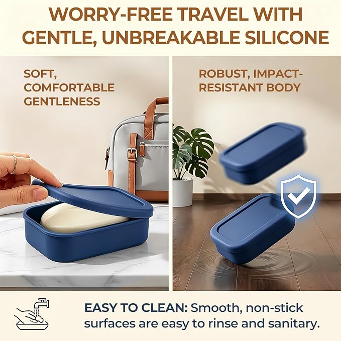 AIMAIAIMAI Silicone Shampoo Bar Travel Case with Drain Pad – Leak Proof Bar Soap Travel Case for 2 Bars, Shampoo & Conditioner Bar Holder for Camping, Gym | 1 Pack, Blue
