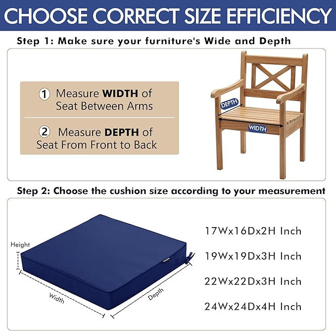 6 Pack Outdoor Chair Cushions 19 x 19 Inch Water Resistant Patio Chair Cushions with Tie 3 Year Color Fastness Thick Outdoor Seat Cushion for Garden Lawn Patio Furniture Navy