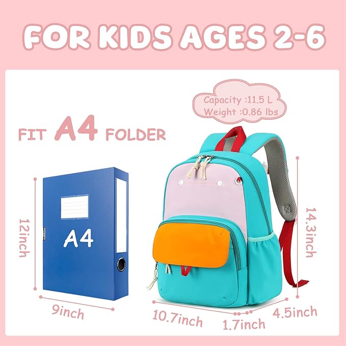 BTOOP Kids Backpack for Boys Girls 3-6, Preschool Kindergarten Backpack with Insulated Lunch Compartment & Chest Strap, Cute Lightweight School Travel Bag Fits A4 Folder